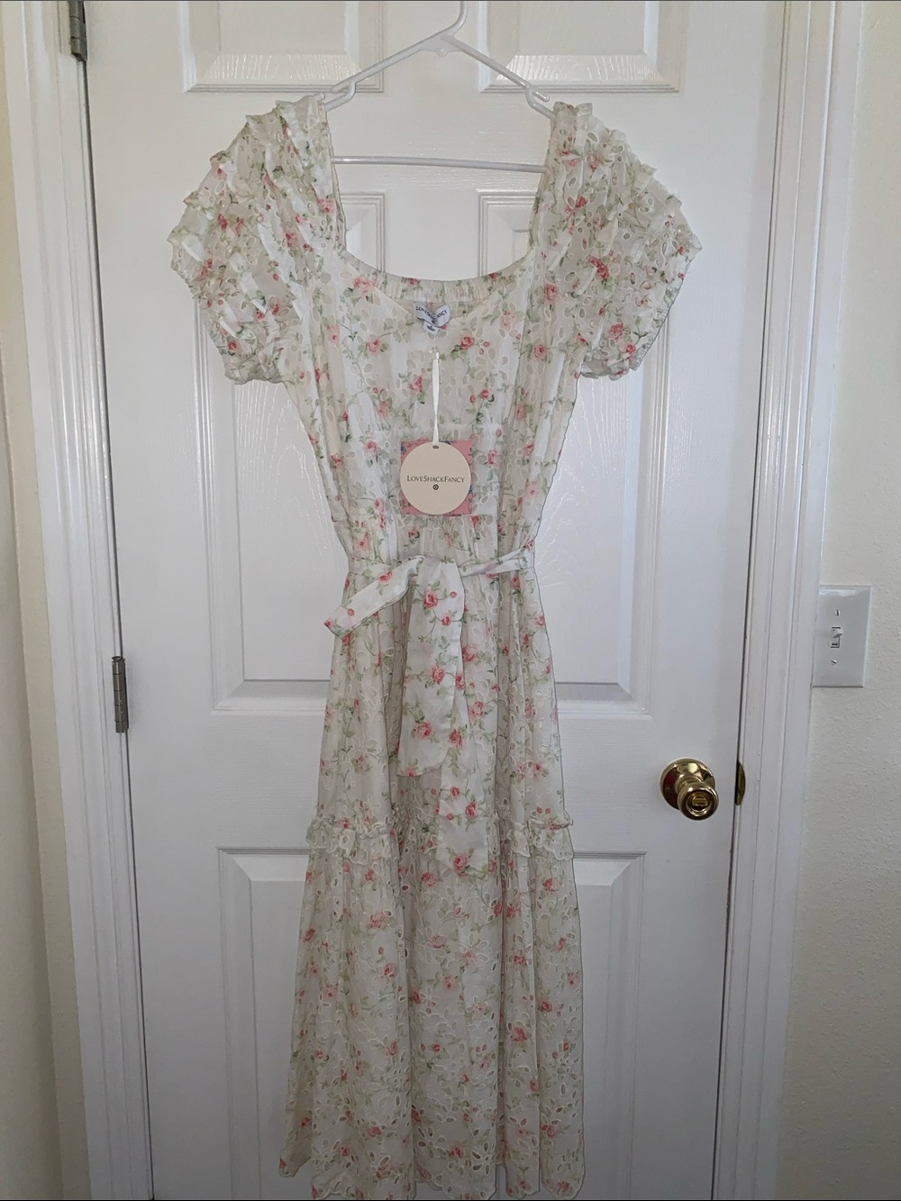 LoveShackFancy Cream Midi Dress with Pink Floral Print